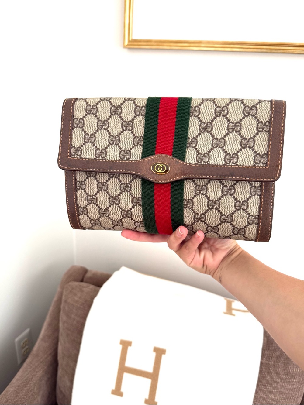 Authentic Gucci supreme monogram canvas clutch bag brown leather - Picture 2 of 16